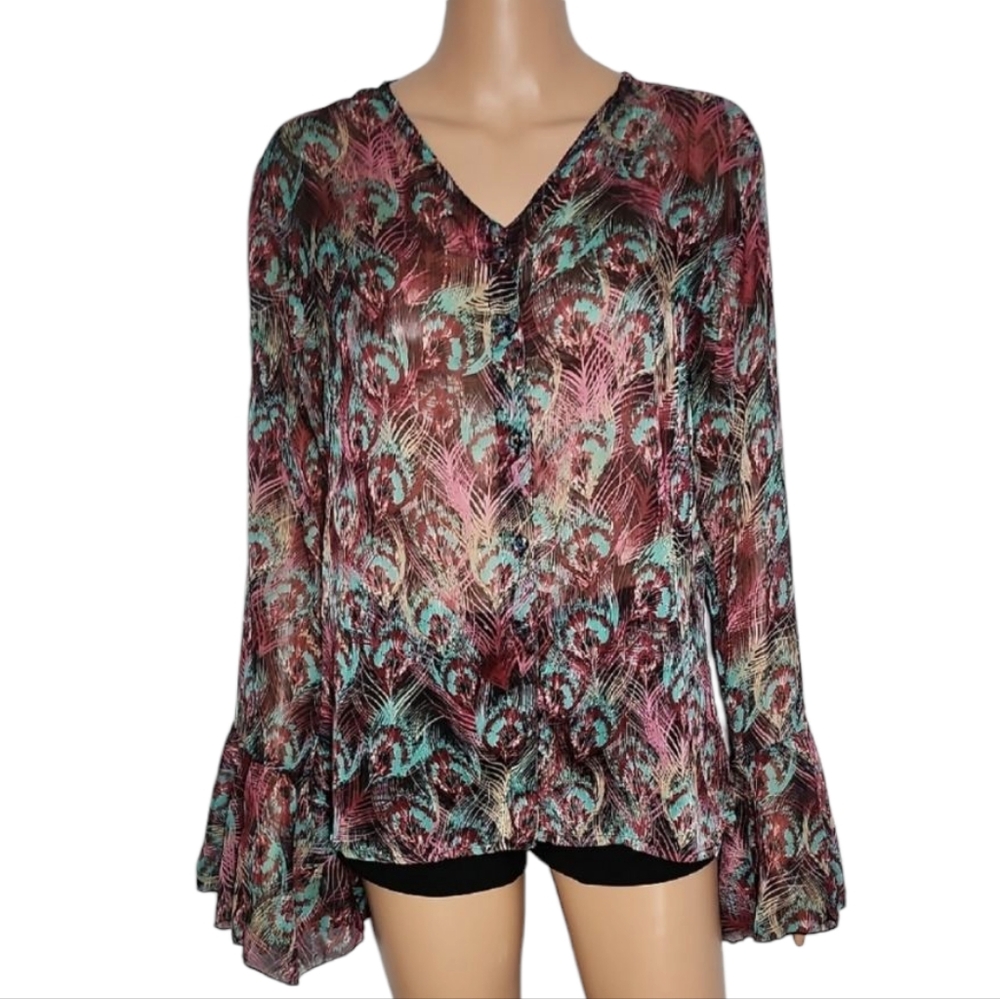 Rancho Estancia Size M Peacock Print Sheer Ruffle‎ Bell Sleeve Blouse Top